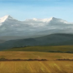 View of the foothills and Front Range of the Canadian Rockies, southern Alberta. Oil painting with rolling fields in yellow and green. Soft light.