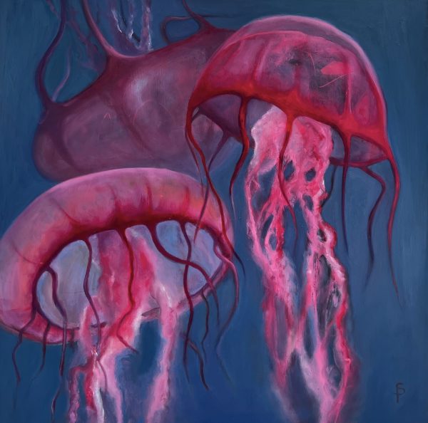 Contemporary Fine Art Oil Painting on wood of Jellyfishes Sea animal Nature bright colour by Sylvie Pinard